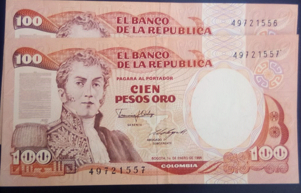 Dos Billetes Consecutivos de 100 pesos de Colombia