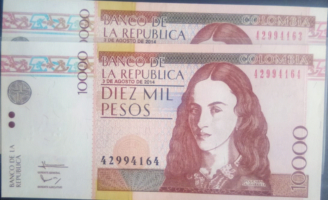 Dos Billetes consecutivos de $10.000 2014 Colombia