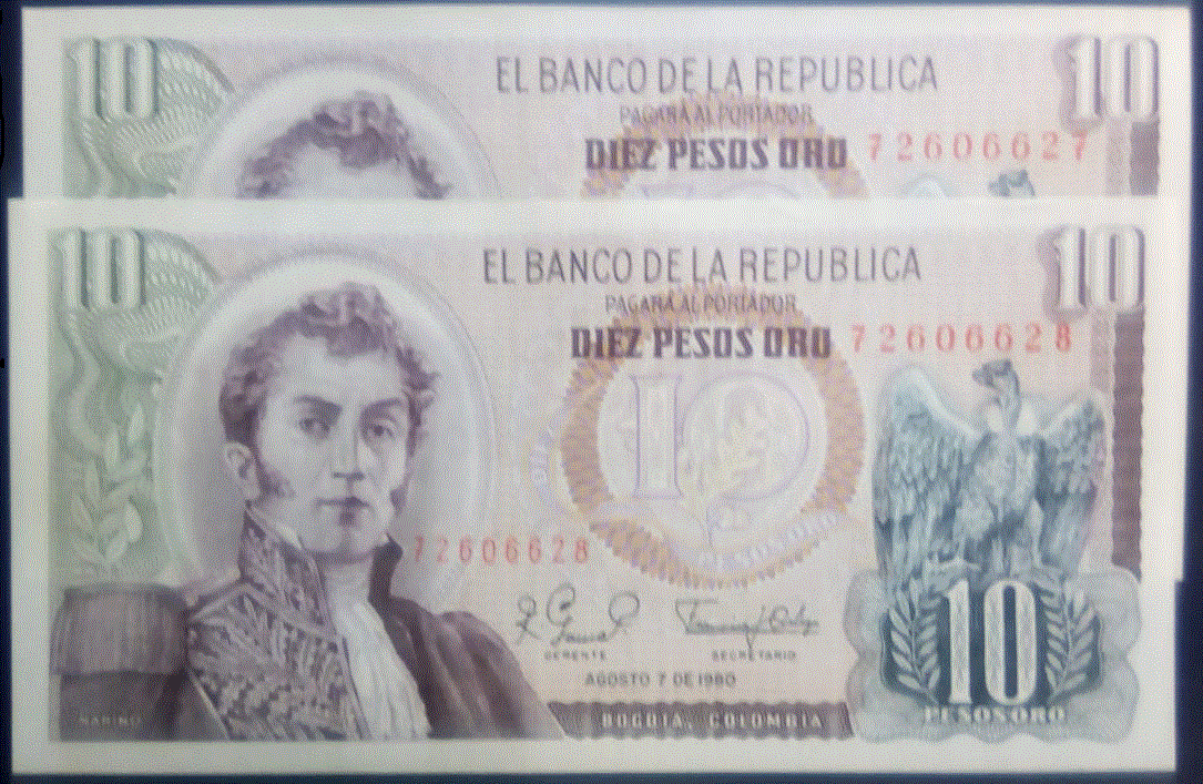 Dos Billetes consecutivos de $10 oro Colombia