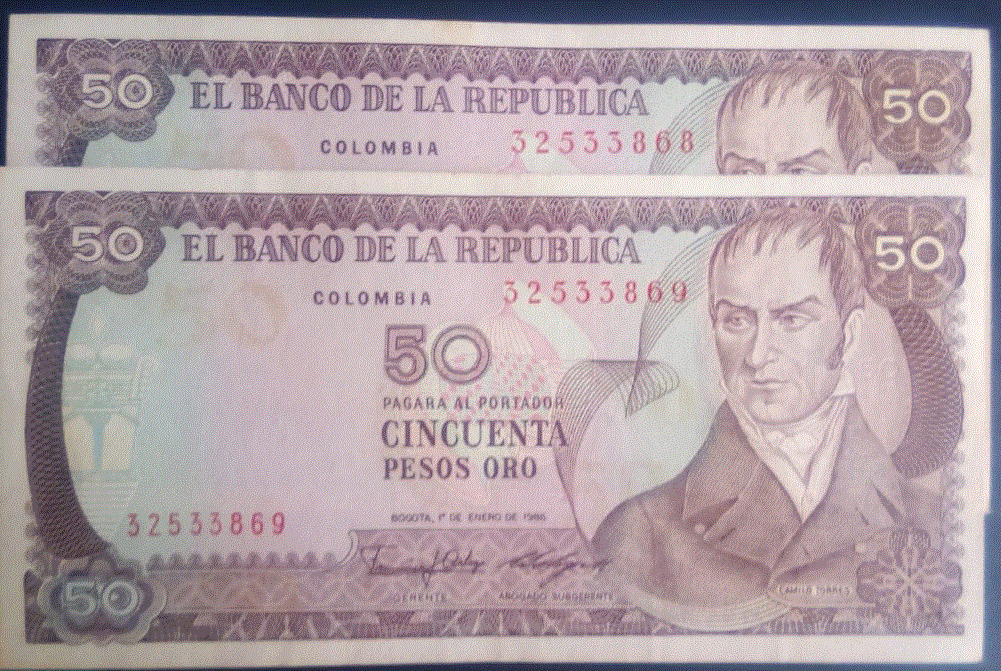 Dos Billetes Consecutivos de $50 pesos oro de Colombia